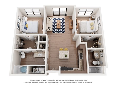 A 3D floor plan of a house with a kitchen, living room, and bedrooms.